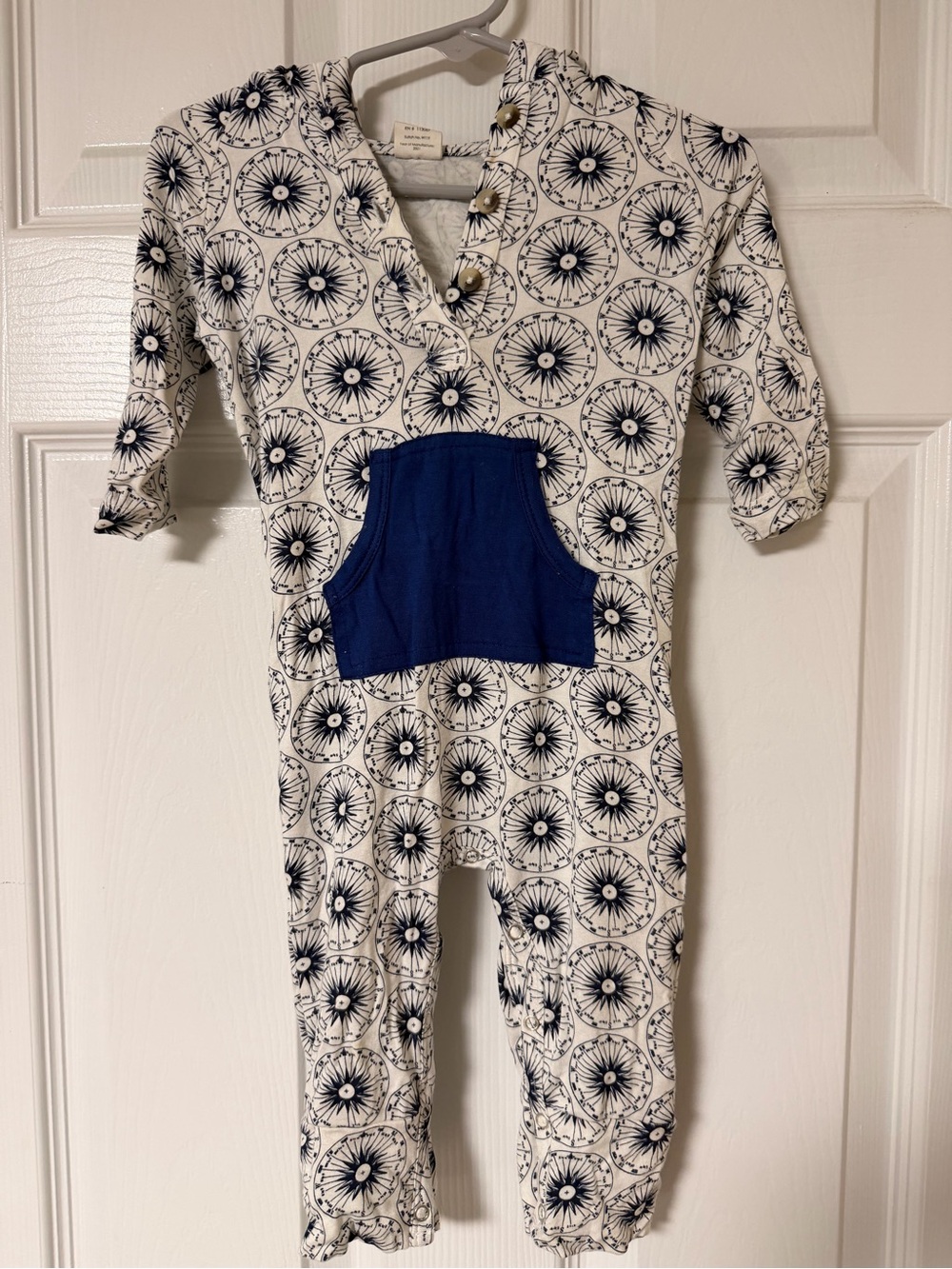 Bamboo Blue and White Compass Printed Infant One-Piece Romper with Front Pocket